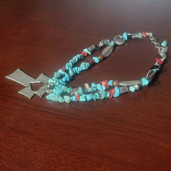 Southwestern Navajo Turquoise Double Strand Necklace Pewter Ankh Pendant Heart - Picture 4 of 12
